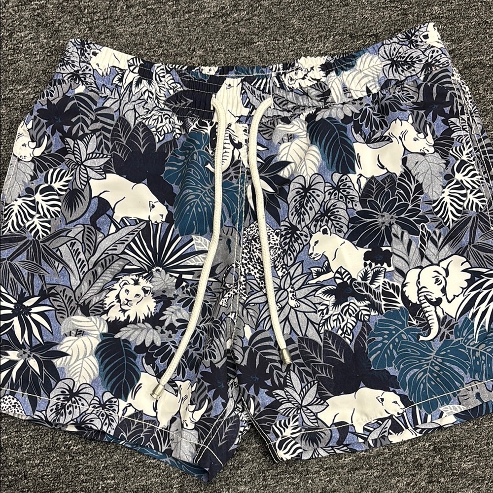 Navy Jungle Print Men's Swim Trunks